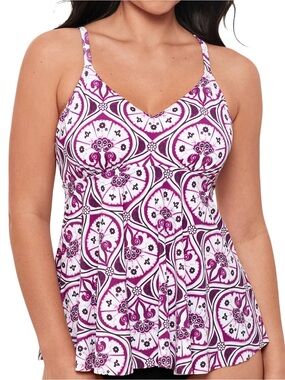Swim Solutions Women’s One-Piece Tankini top in White and Purple Tile Print 14